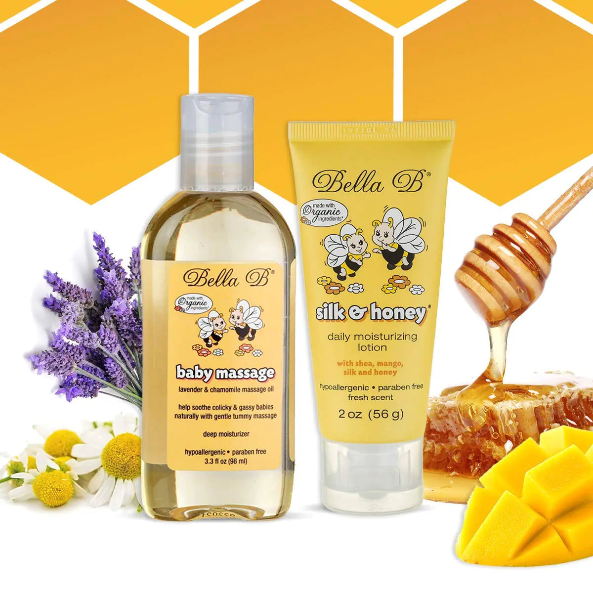Bella B Bundle Baby Massage Oil 3.3 oz & Silk & Honey Baby Lotion 2oz